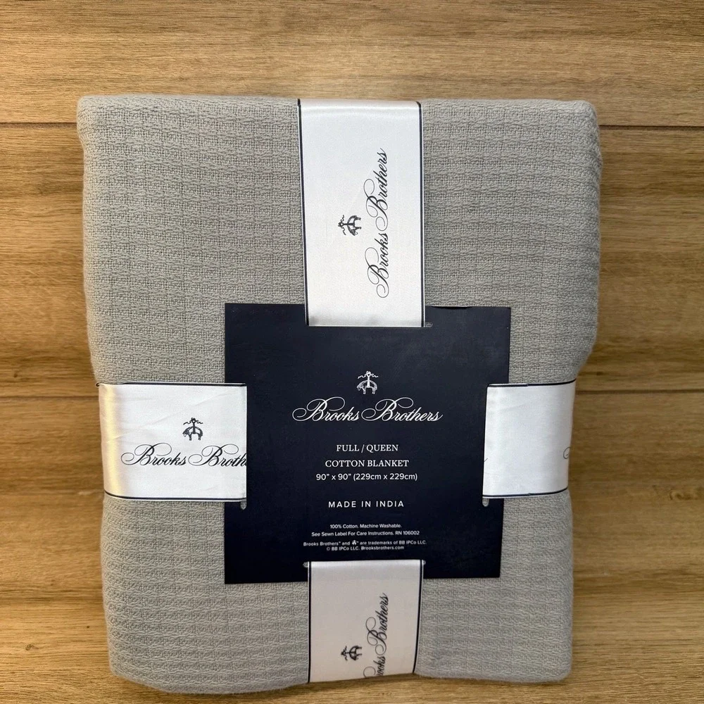 Brooks Brothers 100% Cotton Blanket Gray Waffle Weave 90x90 New